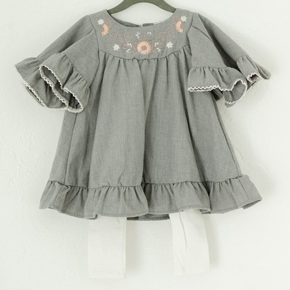 Max Studio Baby Girls Gray Embroidered Ruffle Sleeve Dress & Leggings Set 3T‎